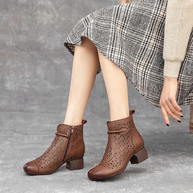 Johnature Hollow Out Boots Genuine Leather Retro Ethnic Style Soft Sole Thick Heel Breathable Women's Shoes