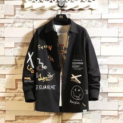 Japanese Trendy Graffiti Printing Long-Sleeved Shirt Men's Non-Ironing Ruffle Handsome Workwear Loose Casual Handsome Trendy Men's