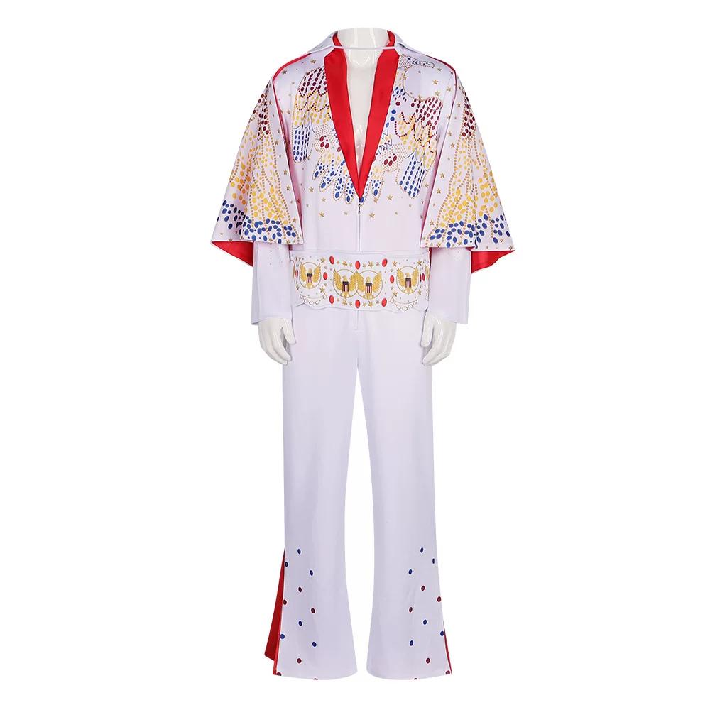 Movie Presley Cosplay Costume Diamond Rock Singer Cosplay Adult Children White Printed Jumpsuit Suits Halloween Costume