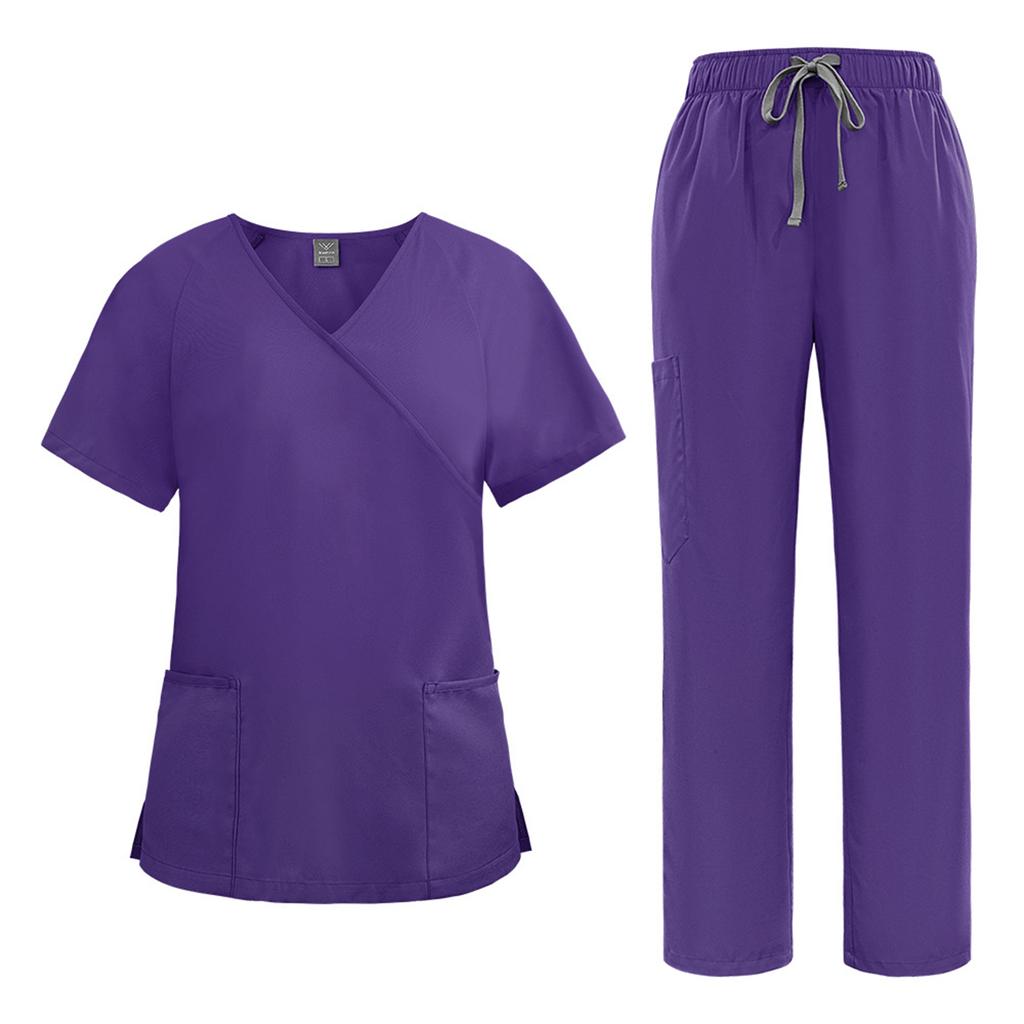 Women's Loose And Comfortable V-neck Short Sleeved Workwear With Tie Up Top And Waist Cinching Beauty Suit Set