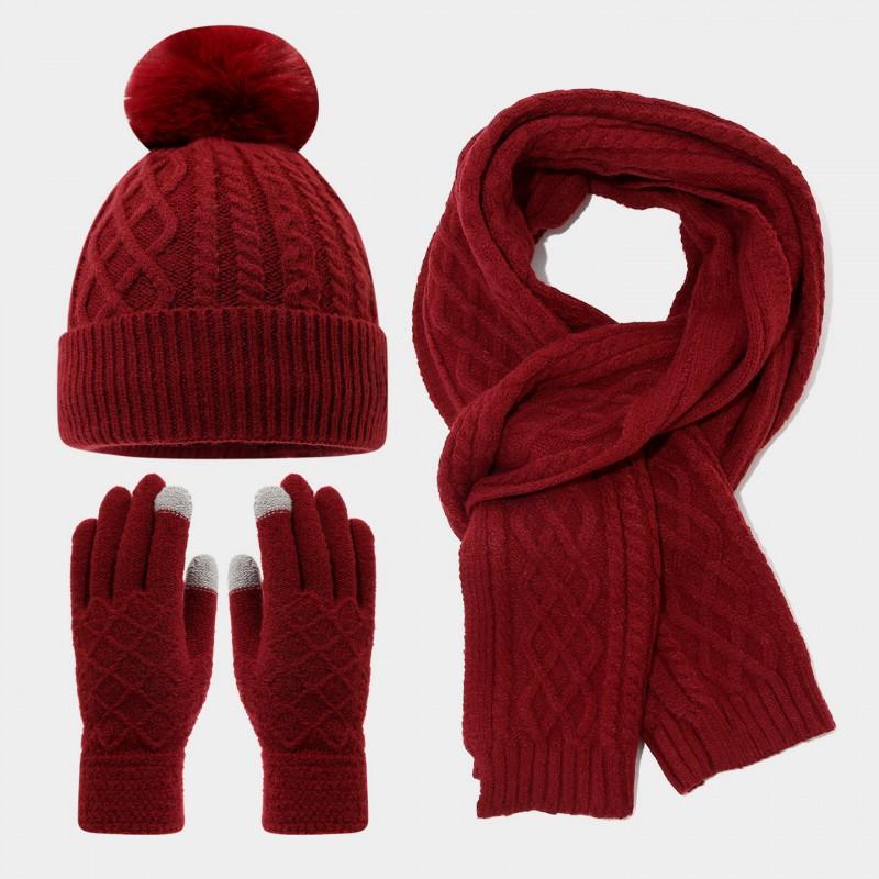 Womens Winter Knit Hat Scarf Gloves Set Warm Fleece Lined Ear Protection Outdoor Cycling Accessory