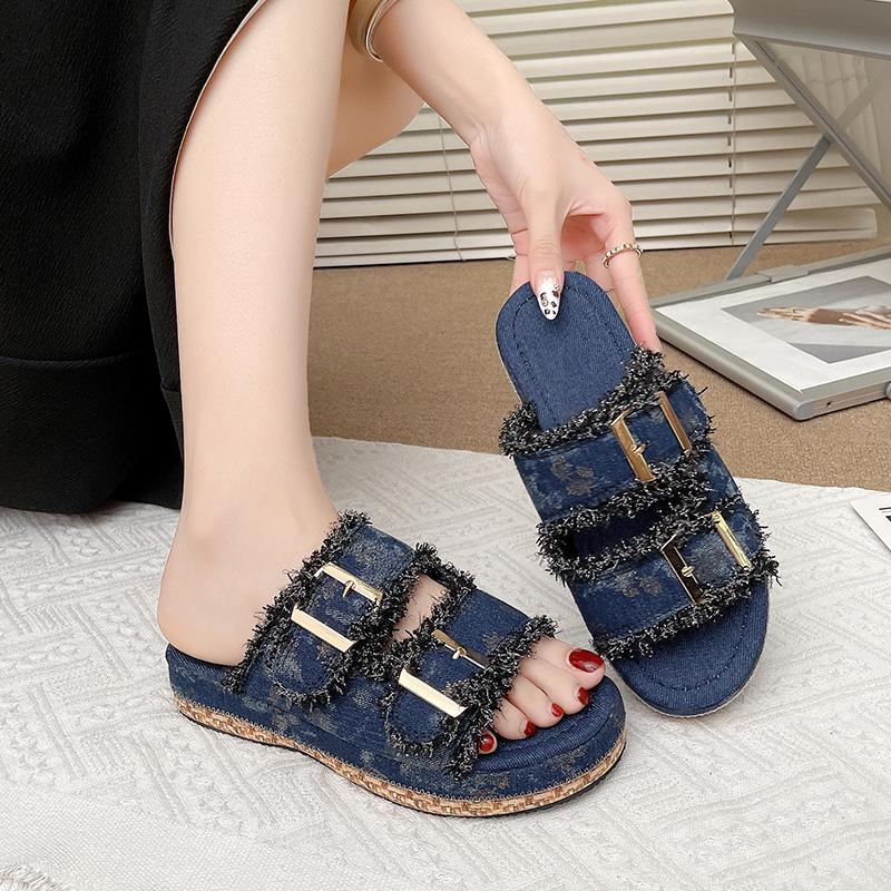 Fashion Denim Slippers Women Buckled Fringe Hem Double Strap Comfortable Sandals Ladies Slip-on Beach Walk Shoes Summer Casual Sandalias