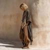Dames Beige Zwart Patroon Top en Bruine Wijde Pijpen Broek Set met Beenpatronen