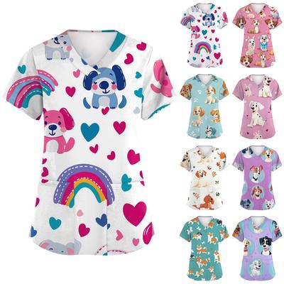 Women's Fashion Short Sleeve Cute Animal Printed V-Neck Pocket Workwear Tops