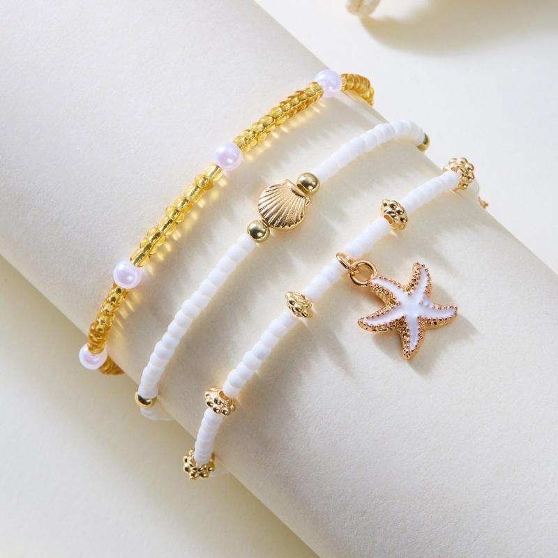 Fashionable Natural Shell Pearls Elastic Jewelry Triple Wear Neck Chain Wrist Ankle Decoration Coastal Styles Use