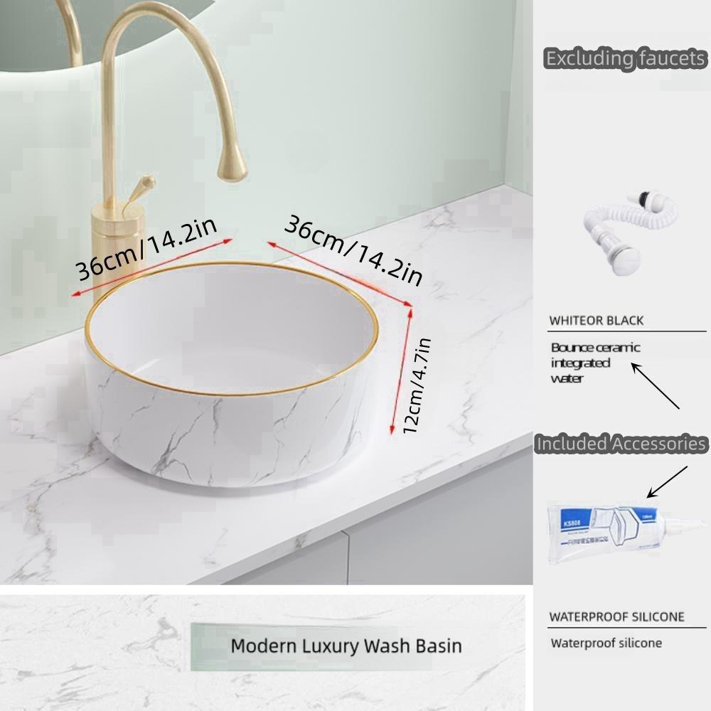 Marble patterned modern circular ceramic bathroom sink, freestanding washbasin, luxurious gold edged washbasin(excluding faucet)