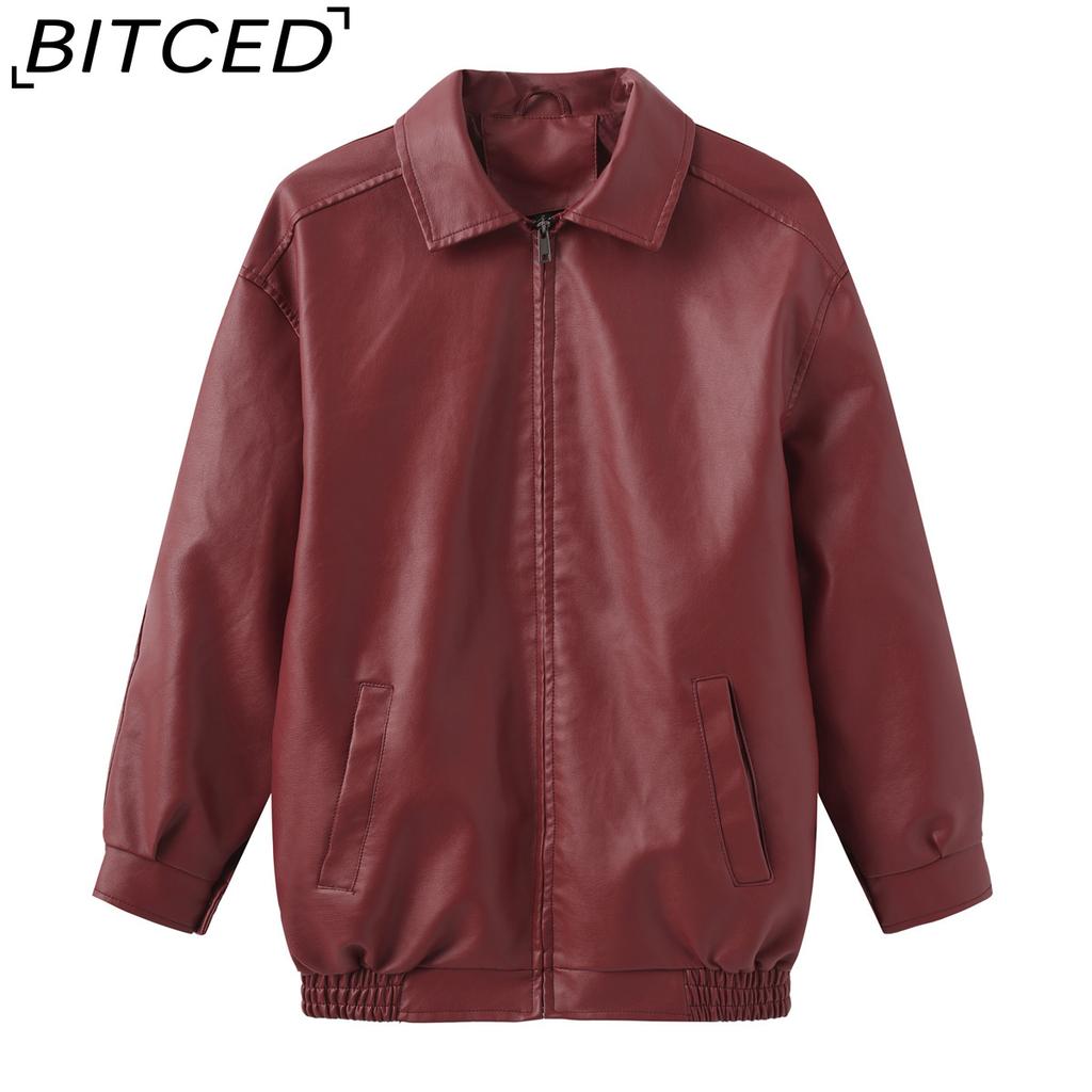 BITCED Fashionable Oversized Leather Jacket for Women Long-Sleeve Collared Spring/Fall Coat