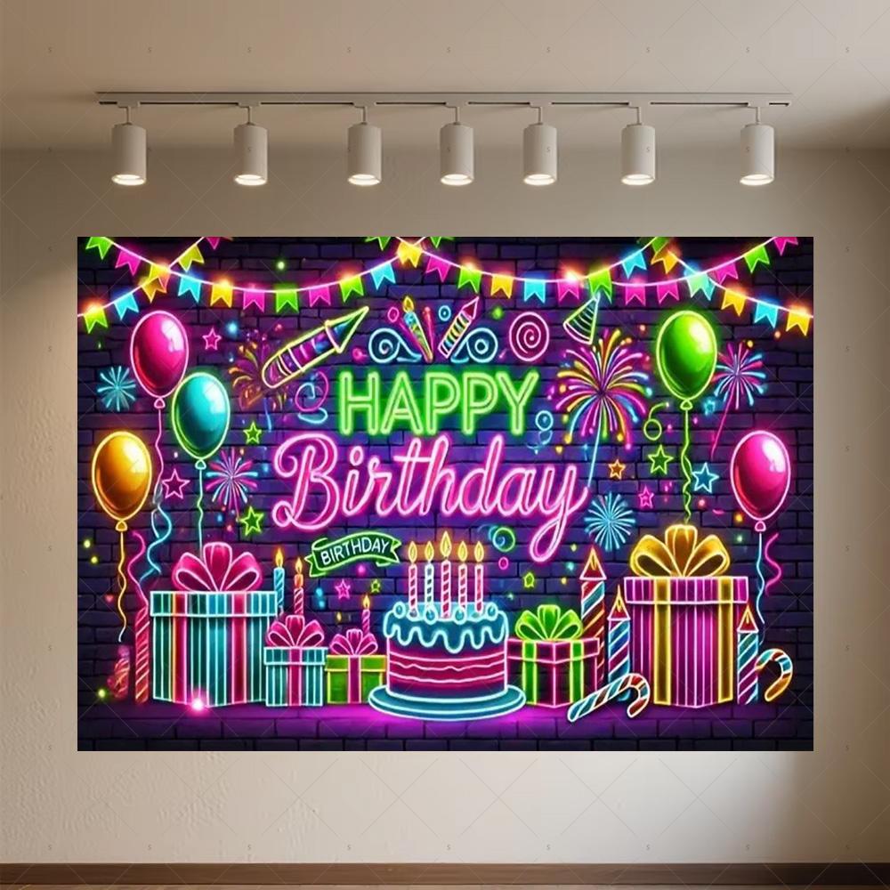 Glitter Happy Birthday Background Banner Glow Neon Dance Carnival Party Decorations Colourful Backdrop Supplies Photography Prop