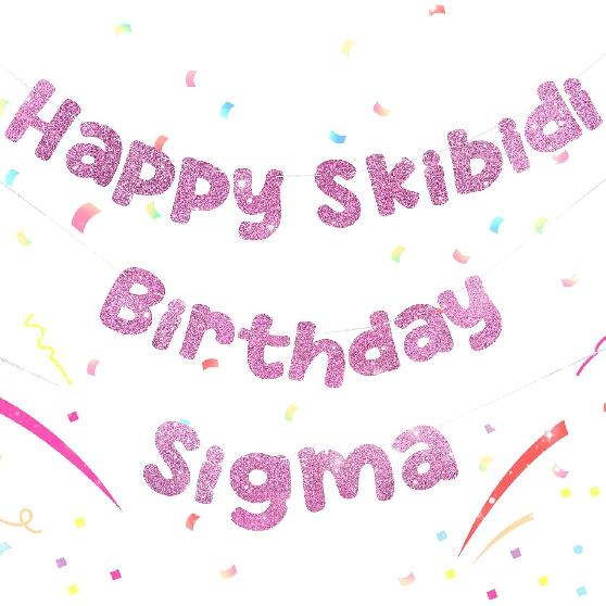 Happy Skibidi Birthday Sigma Glitter Banner – Funny Zoomer Birthday Decorations for Gen Z Kids, Meme Party Supplies & Ideas, Pre-Strung Gold Party