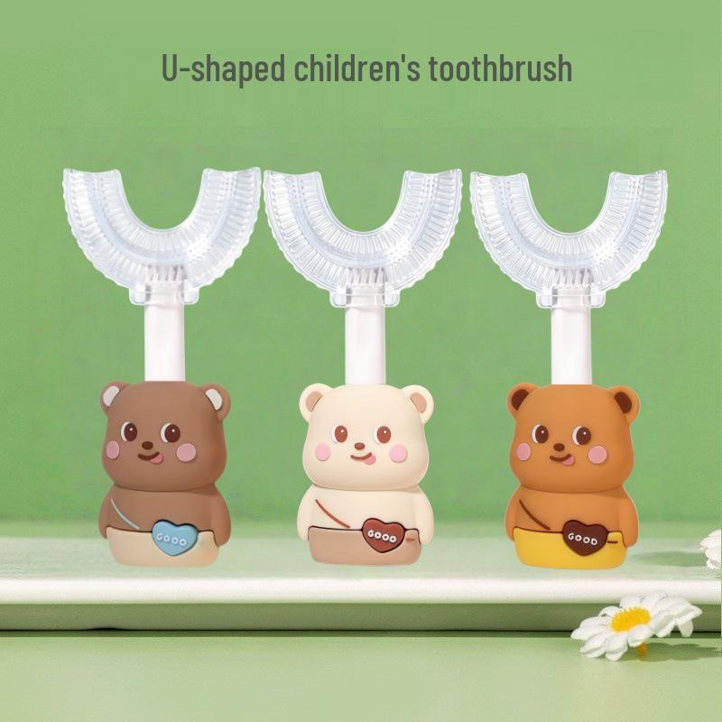 Children's U-Shaped Toothbrush, Soft Silicone Bristles, Ages 1-12, Cartoon Bear Handle