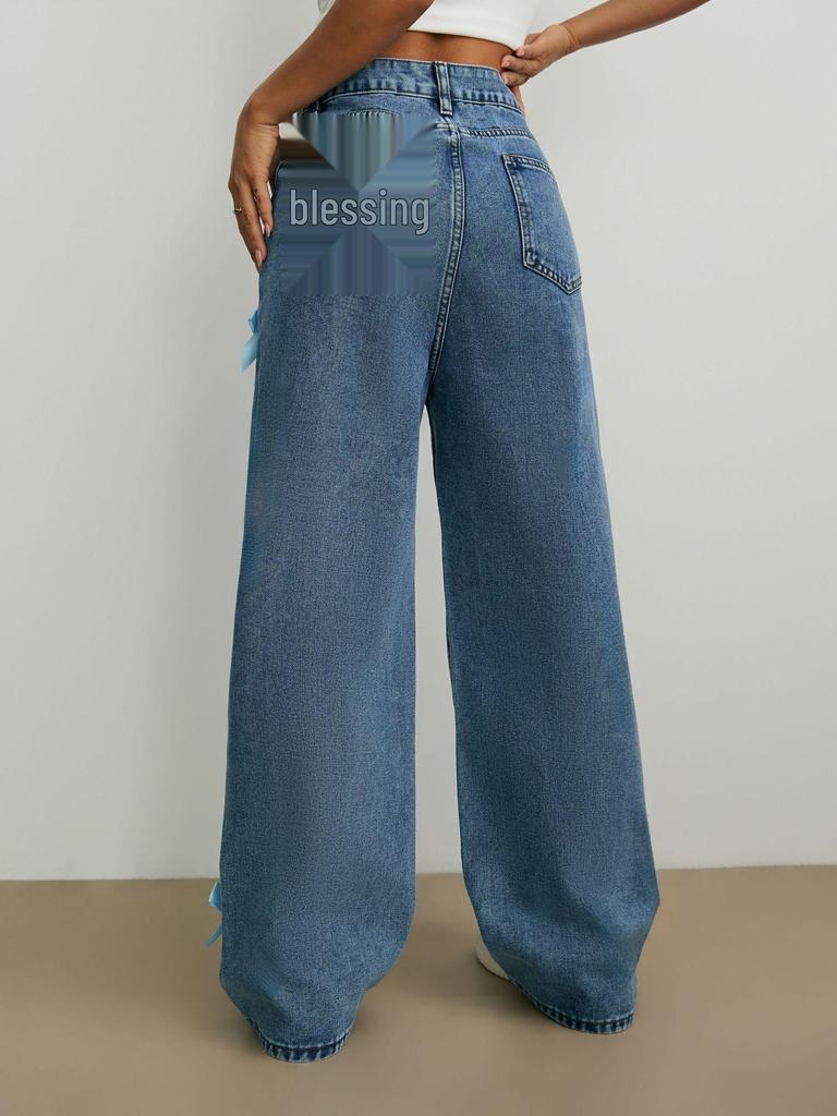 Women's Light Blue Wide-Leg Washed Jeans - Sweet European & American Style