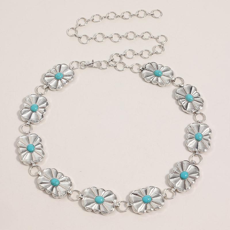 Womens Summer Spring Waist Belt With Turquoise Carved Accents And Hook Closure