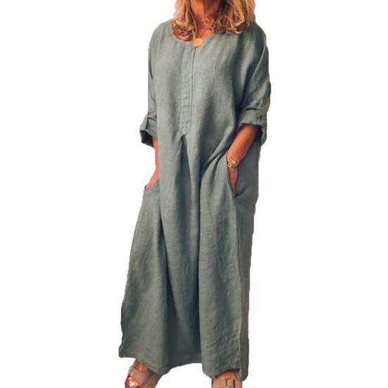 Casual Women Solid Color Oversize Maxi Cotton Linen Long Shirt Kaftan?Dress