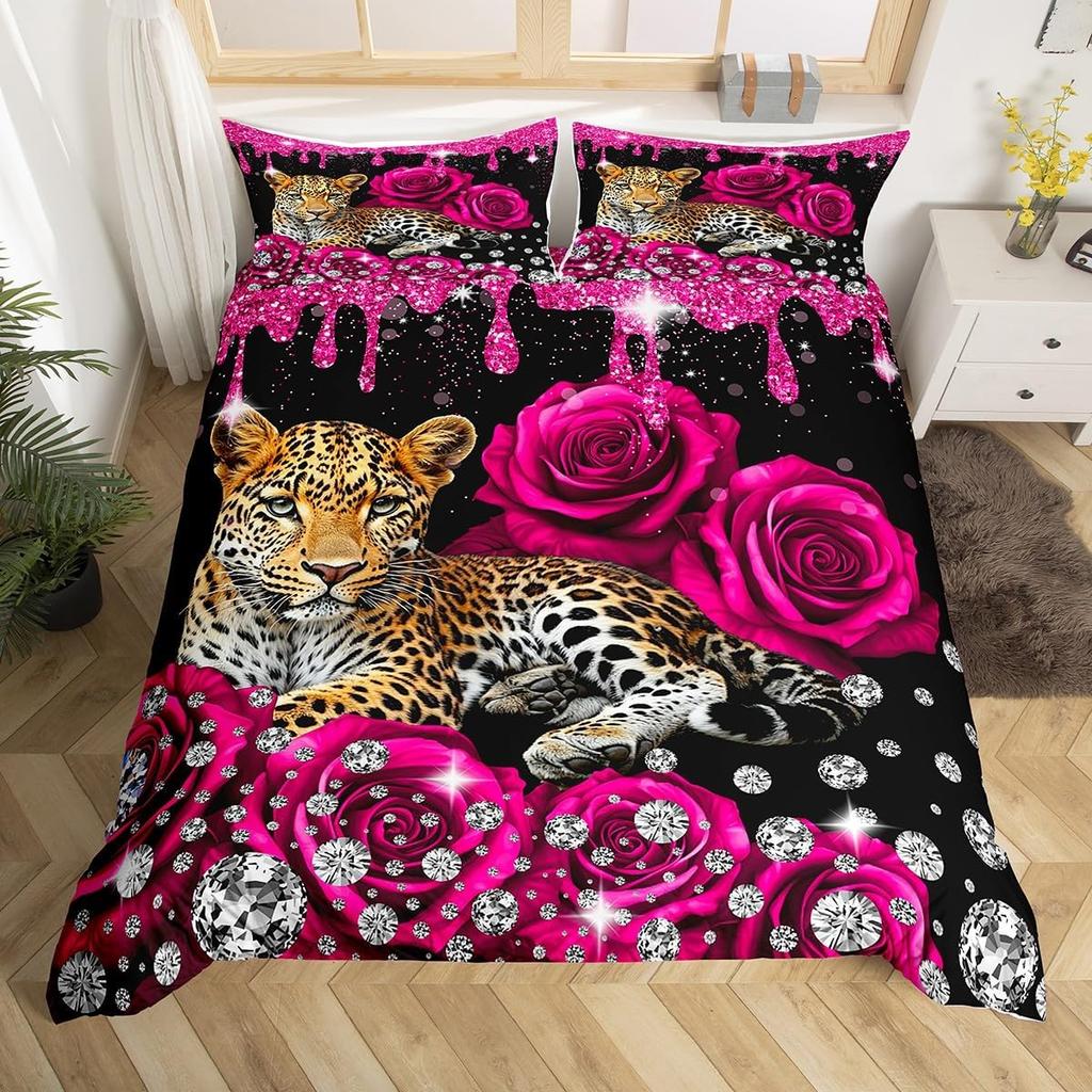 Leopard Bedding Set Wild Cheetah Comforter Cover Rose Romantic Floral Duvet Cover For Boys Girls Room Decor Twin Full Queen King