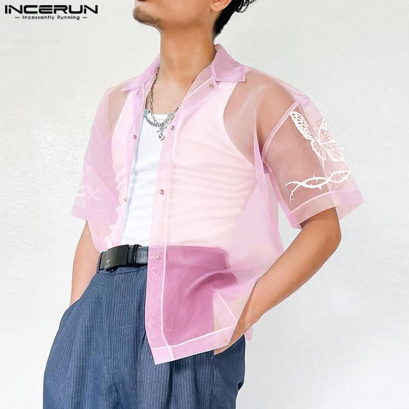 INCERUN Men Summer Short Sleeve Mesh Sheer Glitter Print Beach Through T-shirts
