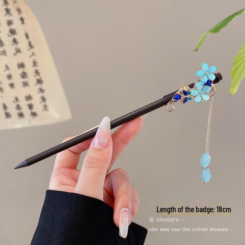 High-End Chinese Wooden Hairpin with Tassels – Ancient Style Ebony Faux for Women