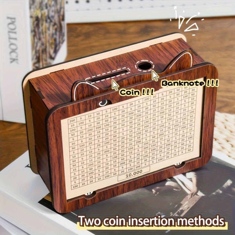 Wooden Money Saving Box Cartoon Cat Design Reusable Money Storage Bank Large Capacity with Goals Counter Piggy Bank