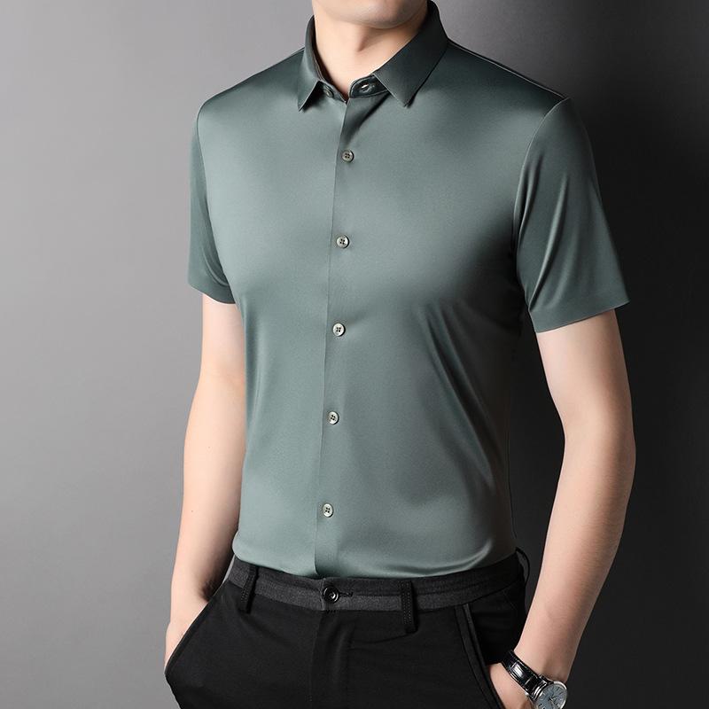 Summer Ice Silk No-iron Short-sleeved Shirt Men's Seamless Breathable Quick-drying Shirt Men's Elastic Half-sleeved Business Men's Clothing