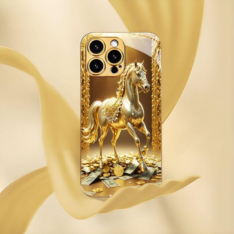 Golden Horse luxury High-end Phone Case Electroplated Glass PhoneCase for iPhone 17 16 15 14 13 12 11pm Pro Plus Dropresistant
