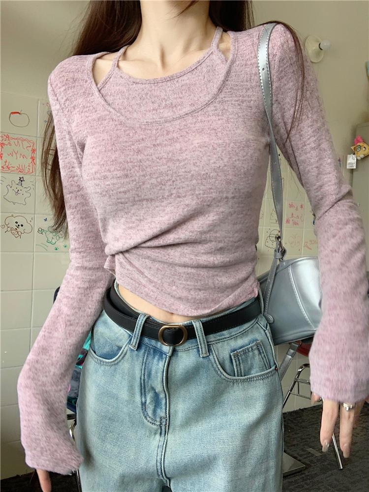Sweet Hanging Neck Fake Two Pieces Tops Women Korean Chic Bottoming Slim T-Shirt Harajuku Fashion Casual Clothes Autumn 2024 New