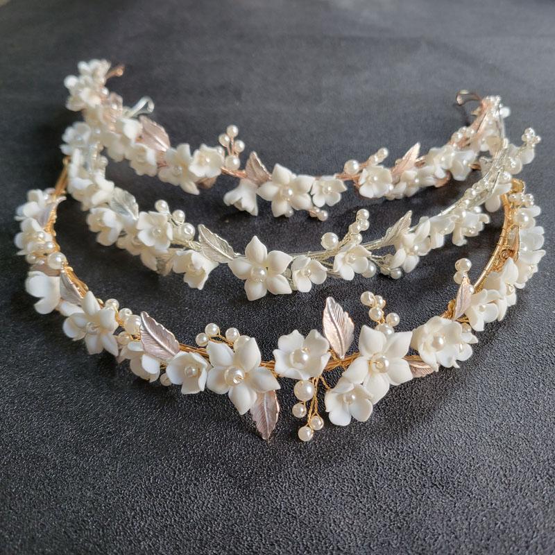 SLBRIDAL Handmade Ins Style Luxury Rhinestone Crystal Porcelain Flower Bridal Tiara Wedding Bridesmaids Crown Women Hair Jewelry