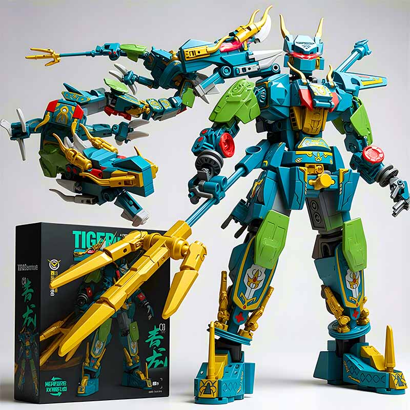 Mythical Beast Cyan Dragon Mech Building Blocks Transforming Robot Bricks Super Hero Assembly Figure Children Toys Holiday Gift