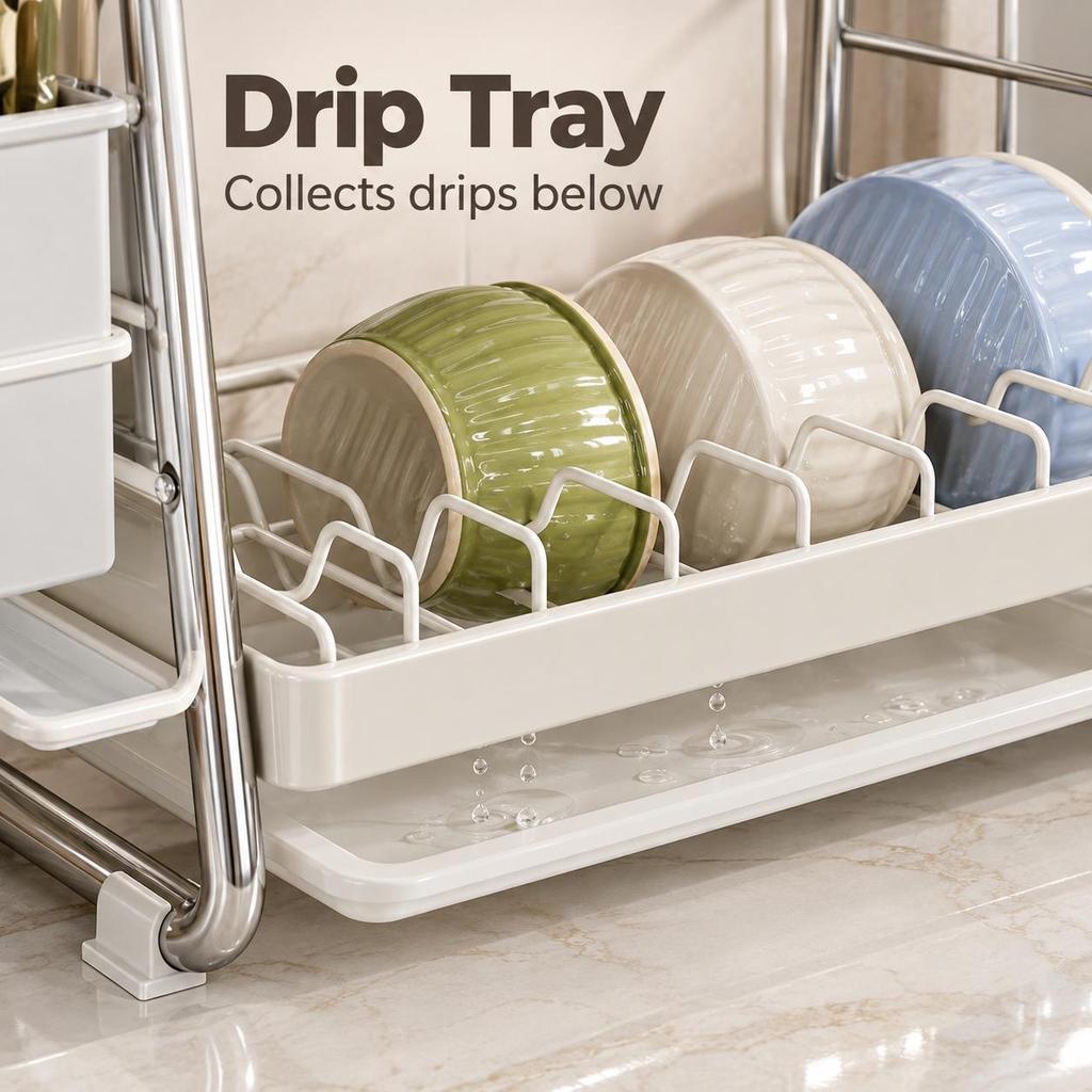 Dish Drying Rack, White 2-Tier Stainless Steel Countertop Organizer with Drip Tray and Utensil Holder