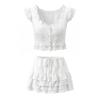 Korean Style Embroidered Lace Cropped Top & Drawstring Waist Skirt Set