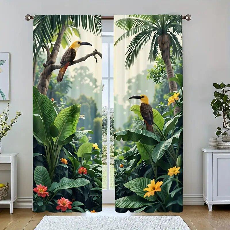 2pcs - Tropical Rainforest  Print Curtains   Pole Bag Curtains   Home Decoration   Room Decoration