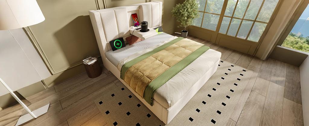Upholstered Bed 90x200 cm Single with Hidden Cup Holder & Charging Station, Hydraulic with Storage Under the Bed, Linen Beige (Without Mattress)