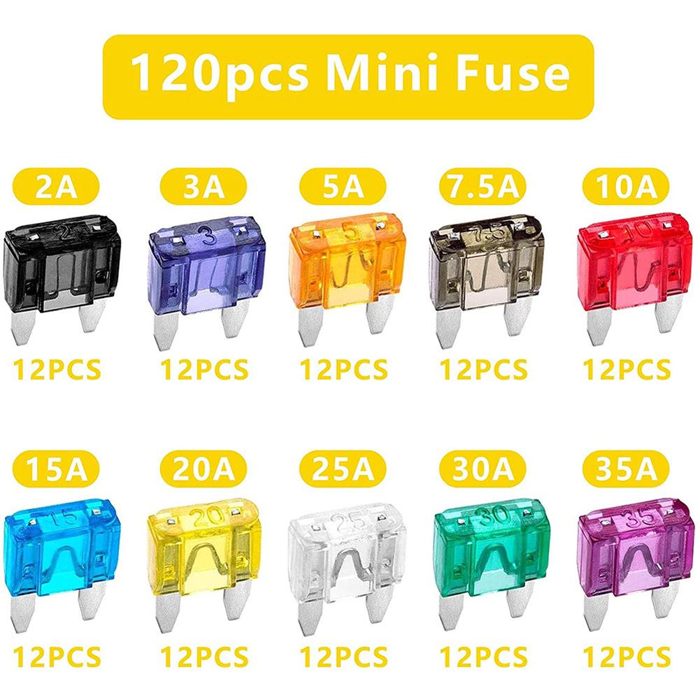 120pcs Mini Blade Type Car Fuse Auto Car Truck Fuse Assortment 2A 3A 5A 10A 15A 20A 25A 30A 35A Auto Fuse Mixed Set Accessories