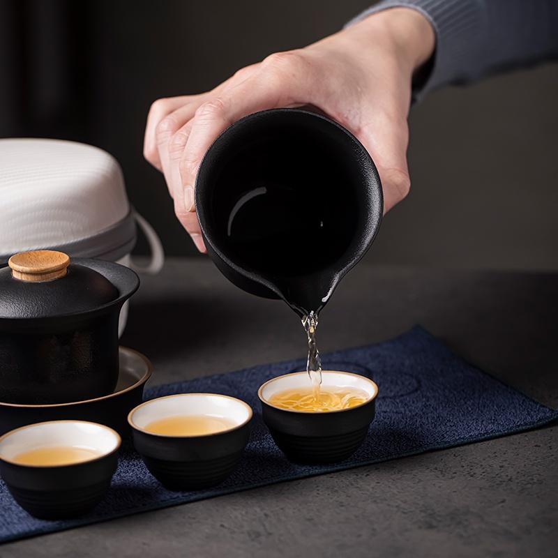 200ml Portable Storage Bag Ceramic Lid Bowl Quick Tea Cup One Pot Three Cups Tea Set