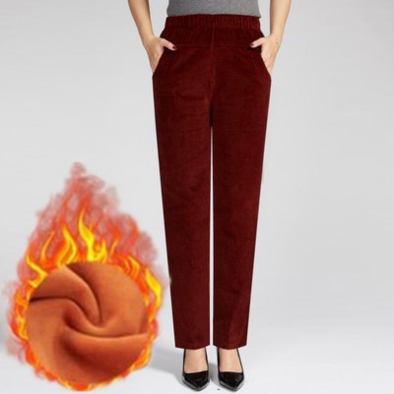 Cordhosen für Damen, Elastischer Bund Gerade Streifen Samt Mittleren Alters und Ältere Locker Lässig Winter Verdickt Oberbekleidung Mutter Plus Samt
