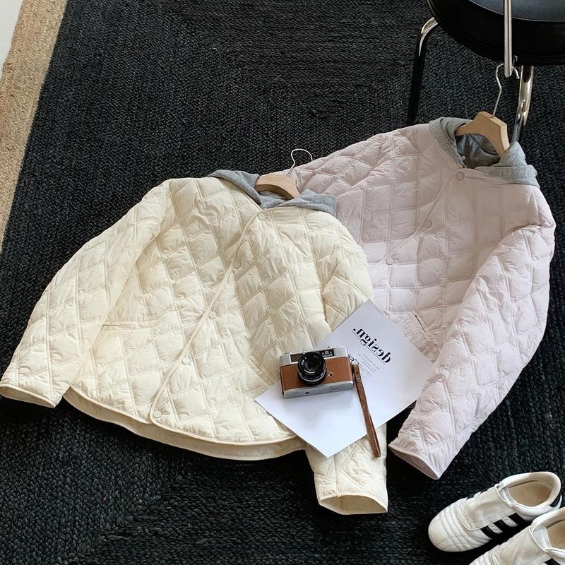 New Splicing Rhombus Jacket Cotton Dress Casual Removable Hooded Loose Autumn and Winter Line Fake Two-piece Coat Black