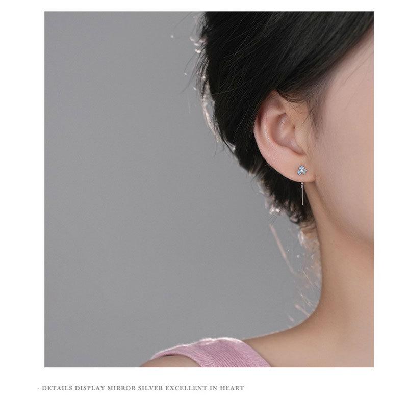 S999 Pure Silver Iris Ear Thread Earrings with Blue Zircon Flower Design
