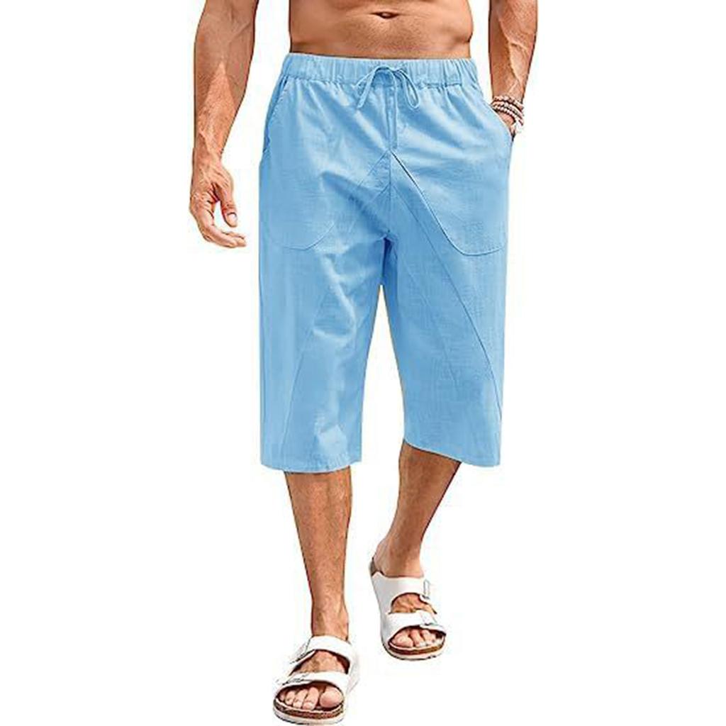 Pánské bavlněné a lněné kalhoty, letní kalhoty, plážové kalhoty, elastický pas se stahovací šňůrkou