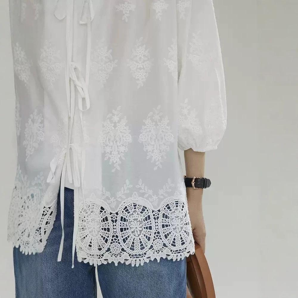 Embroidered lace edge cotton white shirt women's summer high-end niche versatile shirt