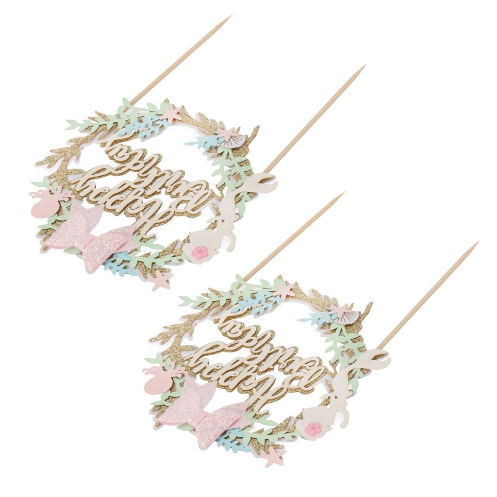 2Pcs Cake Toppers Pink Bow Sparkling Exquisite Safe Degradable Happy Birthday Cake Decoration