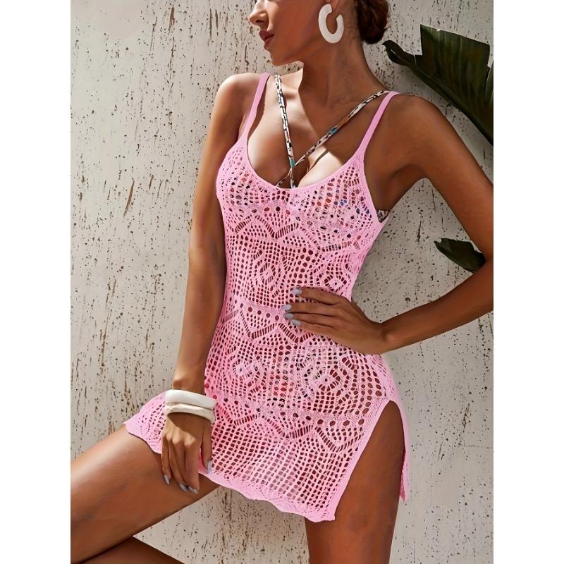 Breezy Beach Mini Dress for Women - Sleeveless, Hollow-Out Design with Side Split - Spring/Summer Casual Wear