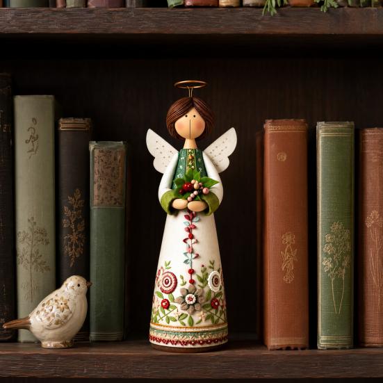 Hand-carved Decoration Vintage Floral Figurine Ornament, Hand Carved Flower Angel Statue, Decorative Figure with Wings Home Table for Living