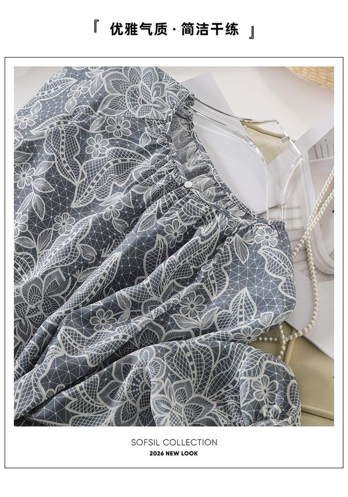100% mulberry silk printed shirt for women's 2026 spring commuting versatile round neck silk top