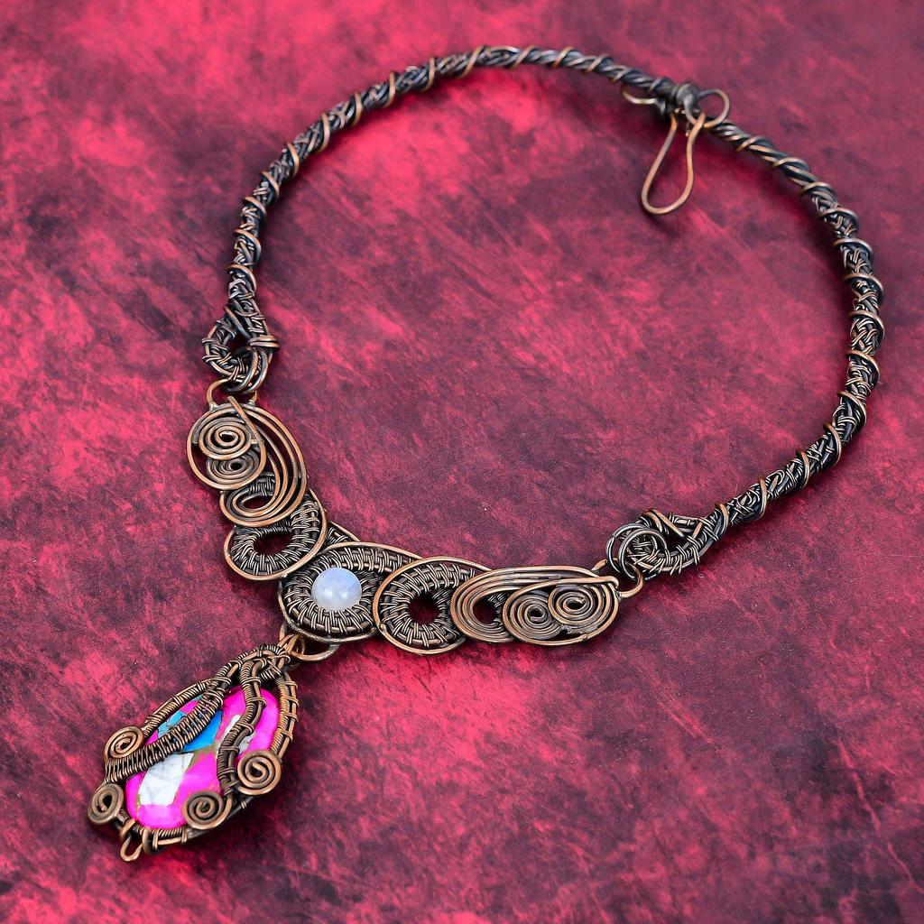 Cotton Candy Turquoise Necklace Copper Wire Wrapped Necklace Rainbow Moonstone Gemstone Jewelry Handmade Necklace Copper Jewelry for Gifts