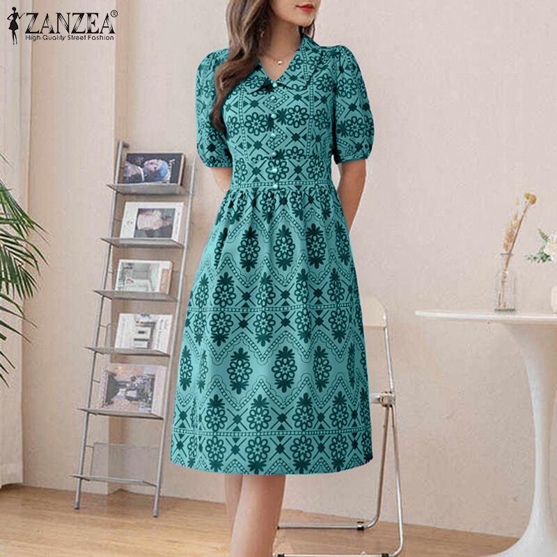 ZANZEA Women Casual Turn Down Collar Short Sleeve Summer Print Dress