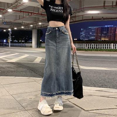 Fustă retro din denim pentru femei, cu talie înaltă - vară, croială în A, tub drept, lungime medie