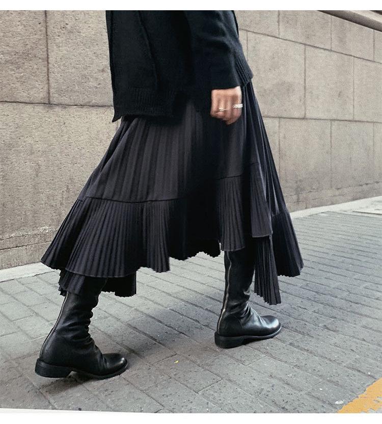 Autumn/Winter 2025 Women's High-Waisted Black Fishtail Pleated Mid-Length Skirt with Irregular Hem