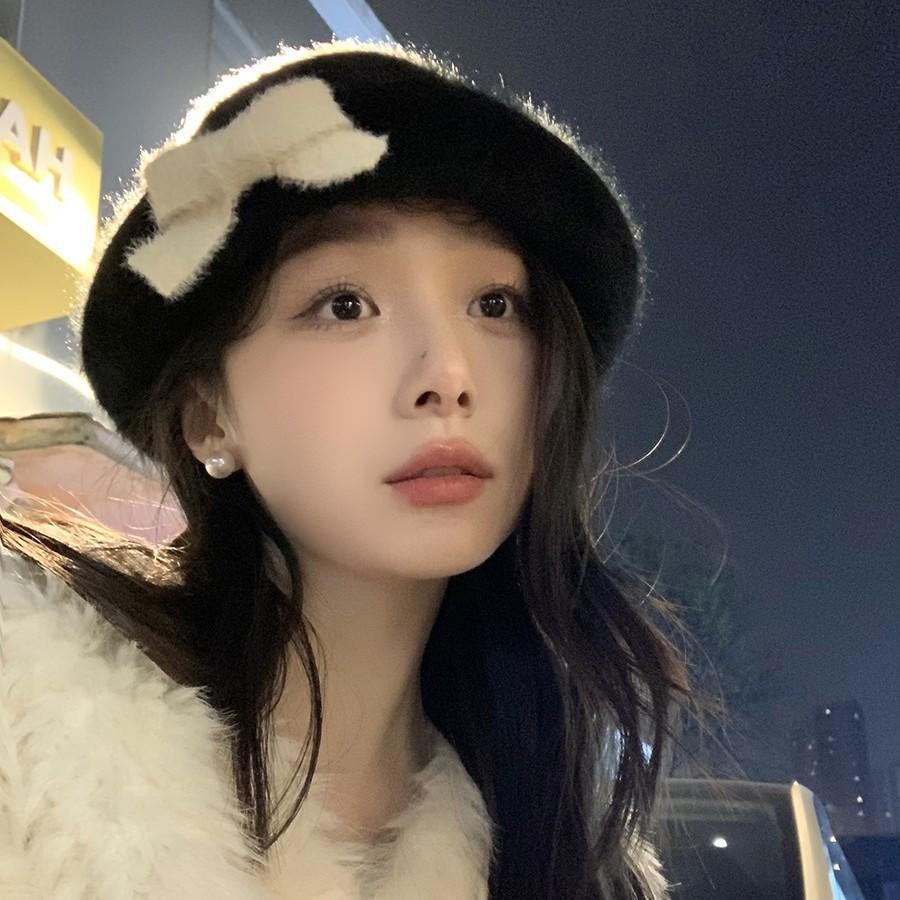 Bow Fisherman Hat Women's Winter Curled Plush Gift Hat Hepburn Style Big Head Circumference Small Basin Hat