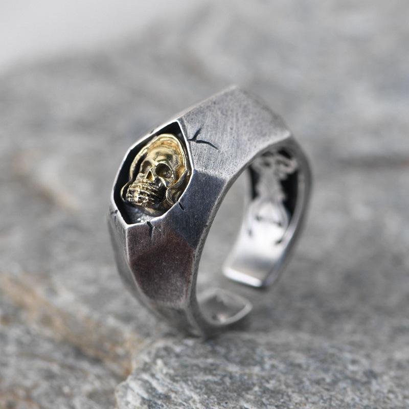 Yin Taifei Retro Thai Silver Skull Ring – Punk Style, Adjustable Fit Adjustable Open Ring