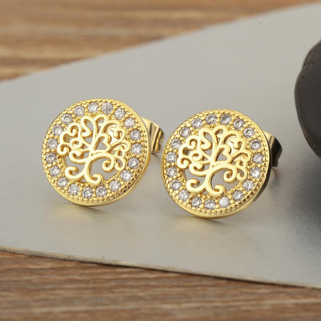 Nidin Classic New Design Copper Shiny Crystal Zircon Lucky Tree Of Life Stud Earrings For Women Fashion Temperament Ear Jewelry