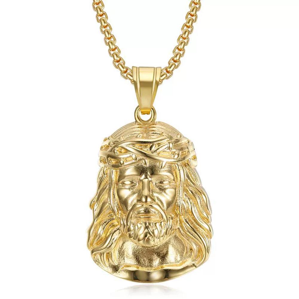 Collana Ciondolo Ritratto Placcato Oro in Acciaio Inossidabile Titanio Dio Gesù Testa Umana con Catena da 3 mm per Uomini Donne Gioielli Hip Hop