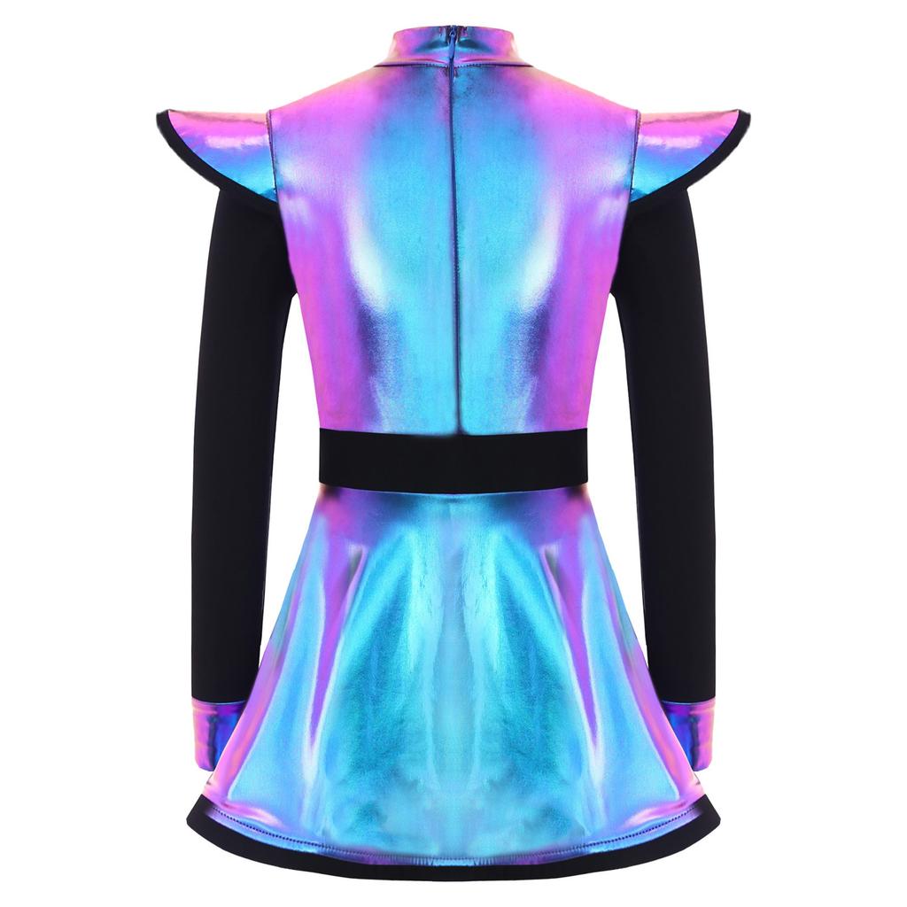 Kids Girls Alien Costume Patchwork Metallic Gloss Mock Neck Long Sleeve Back Zipper Built In Shorts Dress
